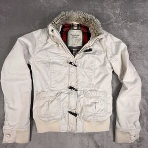 VTG Y2K Abercrombie Fitch Ivory Jacket Womens L (runs sm) Faux Fur Plaid Lined